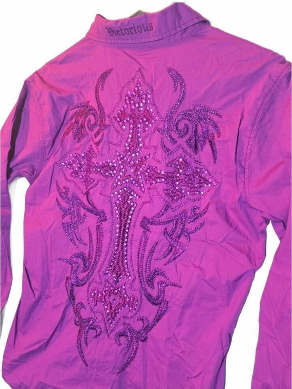 Y2K Victorious Rhinestone Cross Embroidered Gothic Long Sleeve Button-Down M